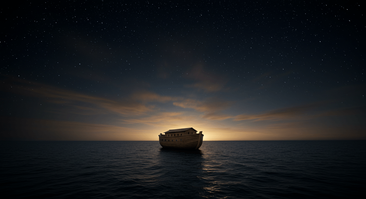 無数の星が輝く夜空の下、静かな海に浮かぶ木造の箱舟。地平線から暖かな光が差し込み夜明けを感じさせる風景。