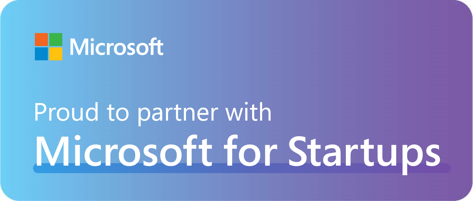 マイクロソフトフォースタートアップスに参加していることを示すバナー。マイクロソフトのロゴと 'Proud to partner with Microsoft for Startups' の文字が表示されている。